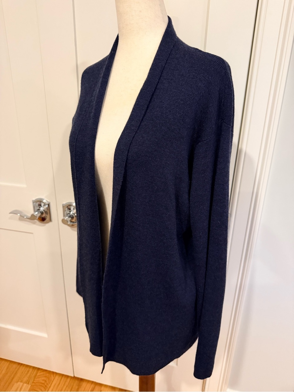 Eileen Fisher Navy Open-Front Long Merino Wool Cardigan - Picture 4 of 15